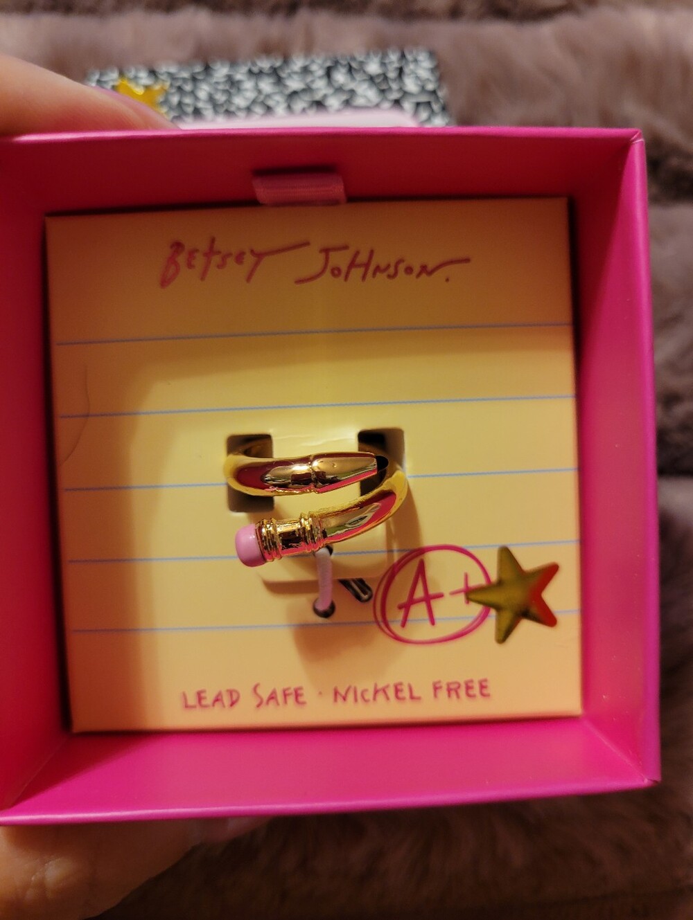 Betsey Johnson Gold and Pink Pencil Wrap Ring 6.5